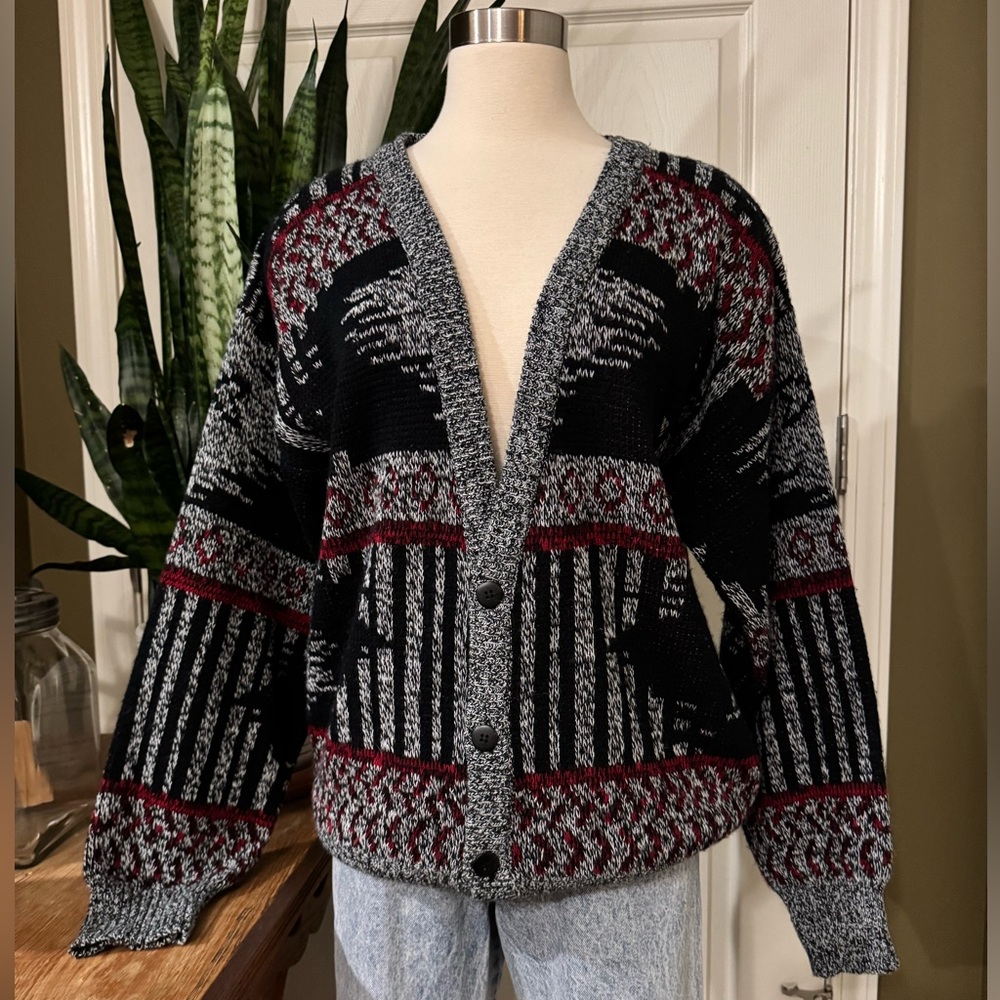 Vintage 90s Coogi Style‎ Geometric Knit Cardigan XL Grandpa Core